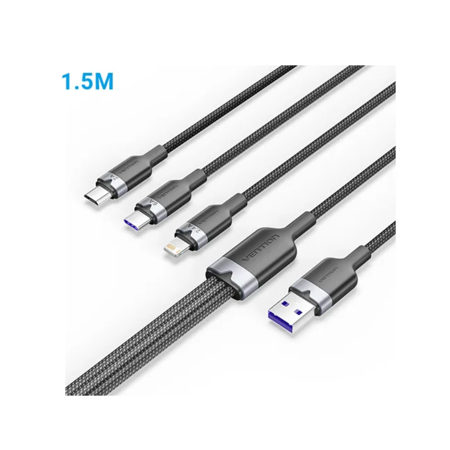 VENTION CTRWG Cotton Braided 3-in-1 USB 2.0 6A Cable - 1.5M (VENTION USB 2.0 A Male to 3-in-1 USB-C & Lightning & Micro-B Male Cable)